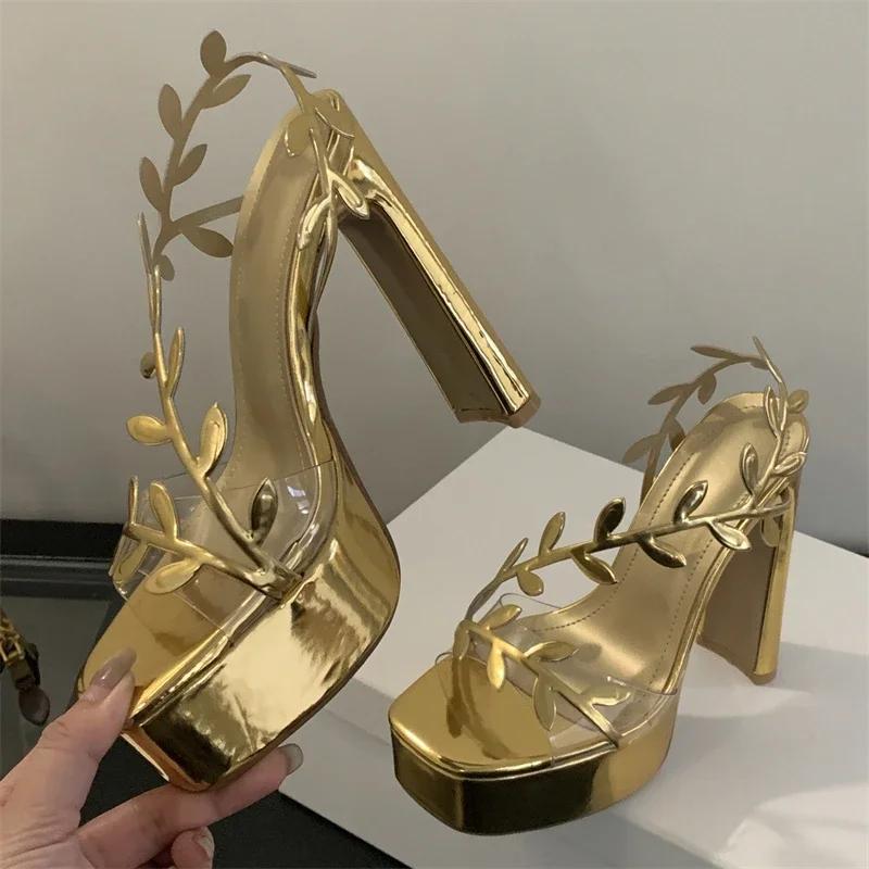 

Fashion Golden Luxury Super High Heel Platform Sandals Women PVC Transparent Strap High Heels Sexy Nightclub Pole Dance Shoes for Women 42 золотой