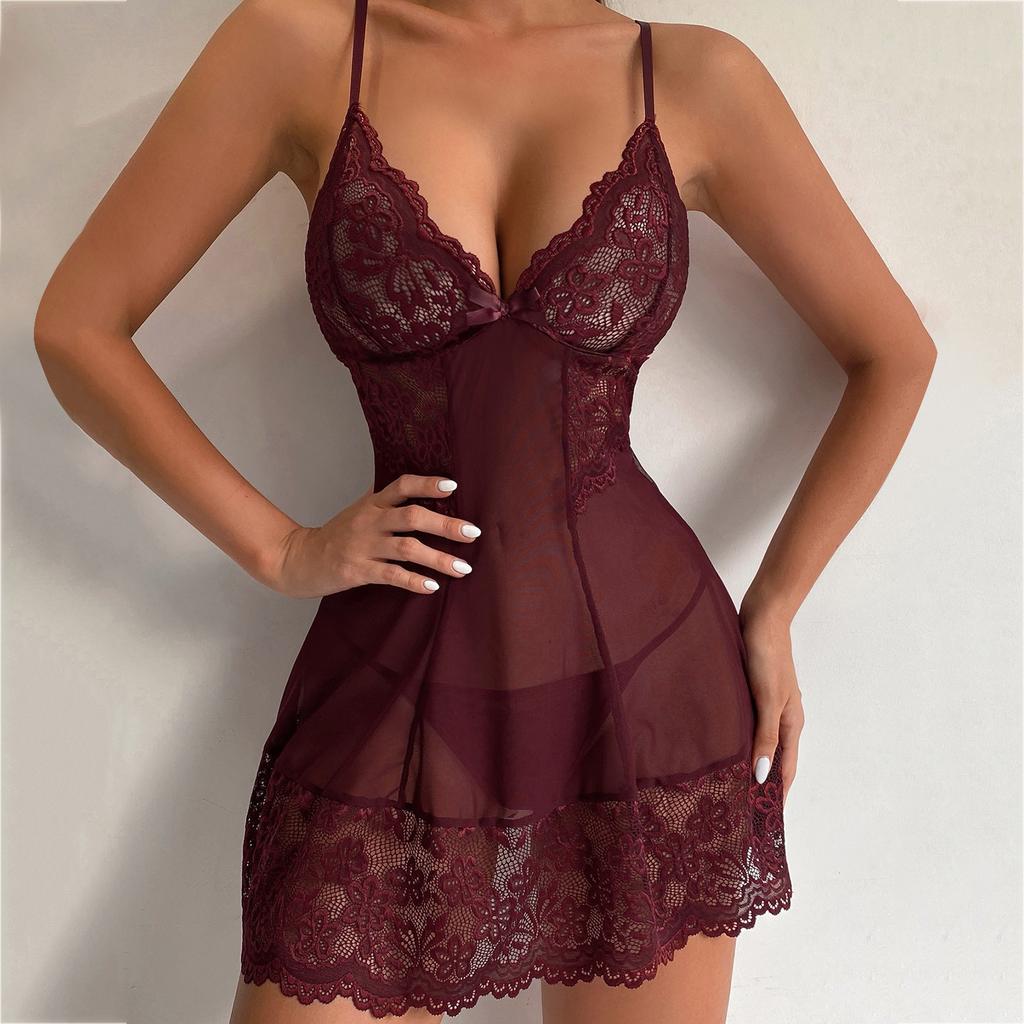 Europäische und amerikanische sexy Netzspitze sexy Unterwäsche Straps-Pyjama Loungewear sexy Nachthemd Damen