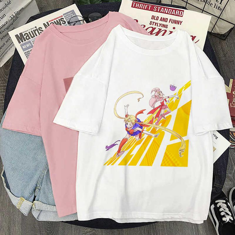 Camiseta con estampado Kawaii de Anime japonés para mujer, remera Harajuku de estética blanca y rosa, camiseta para mujer 2022