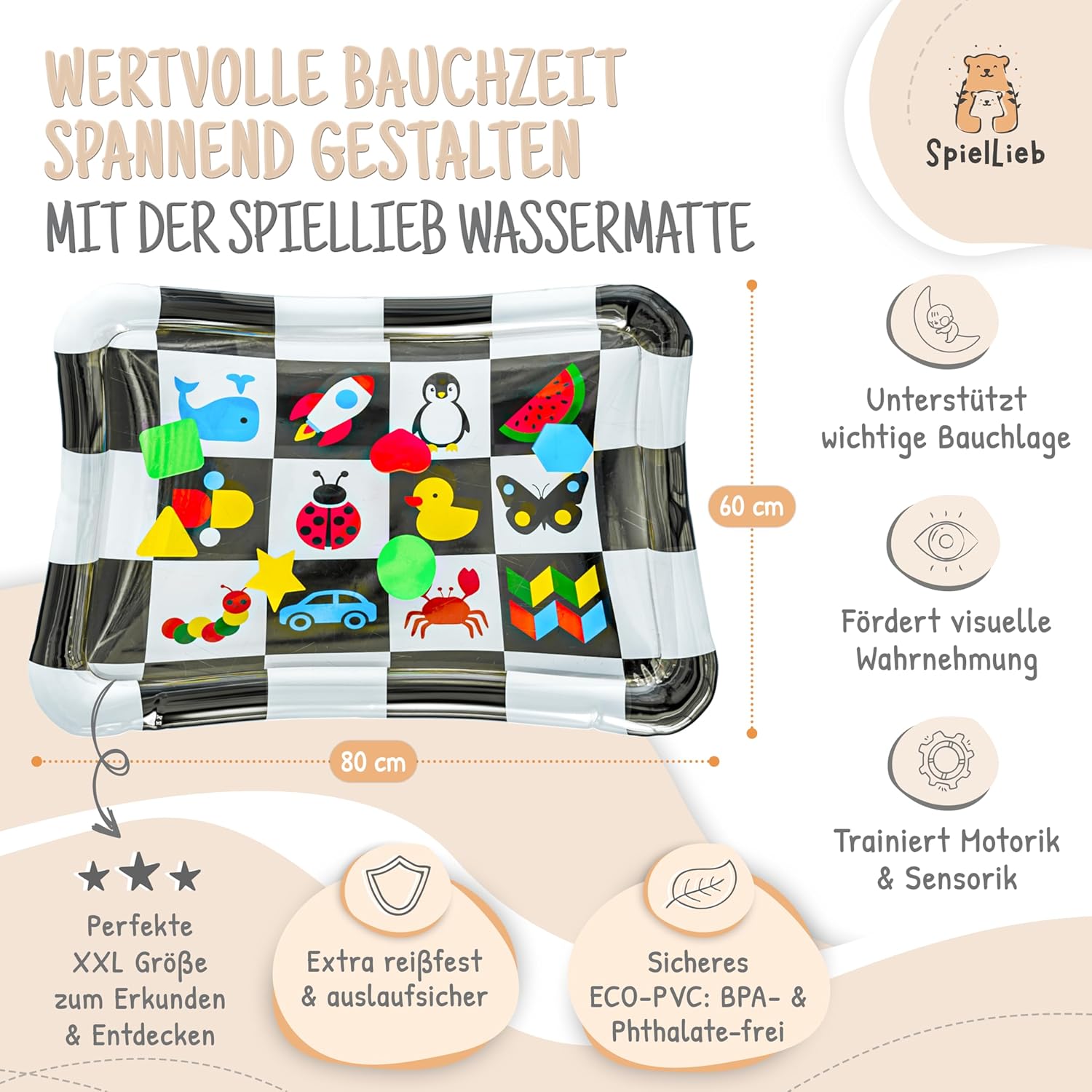 

Водный коврик для малышей без BPA - Размер XXL, Игрушка для 3/6/9 месяцев. С контрастными картинками, положением на животе и матом Монтессори