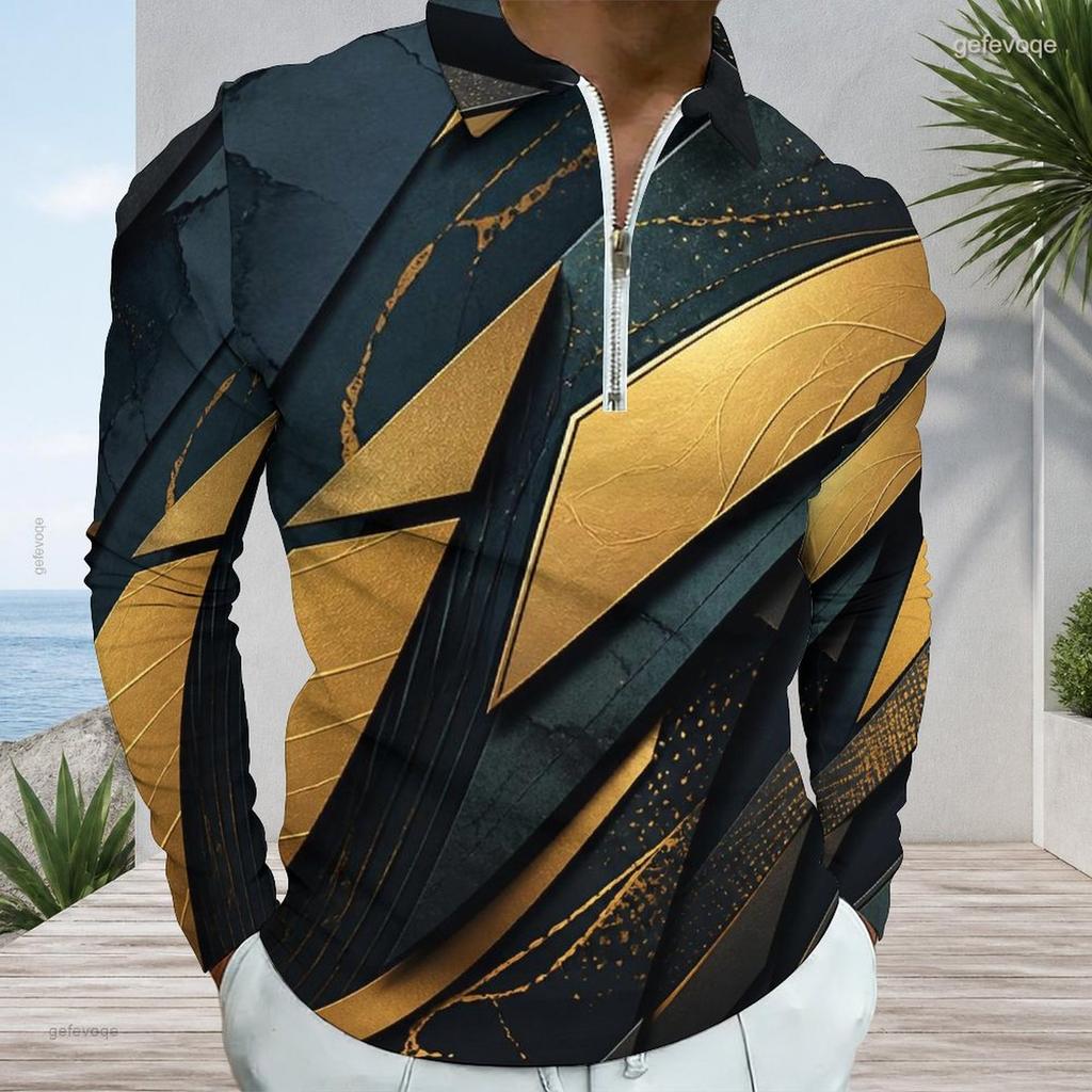 Men Plus Size Long Sleeve Quarter Zip Collared Printed Polo Shirt Grey Peach