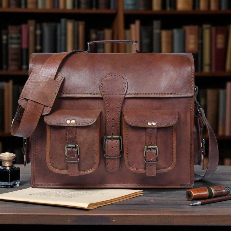

Винтажная сумка-мессенджер из натуральной кожи ручной работы – Сумка-кроссбоди из натуральной козьей кожи для ноутбука для мужчин и женщин | Портфель рустикального коричневого цвета 18 x 14 x 6 in