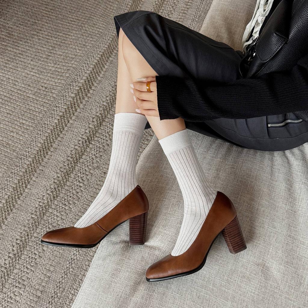 Krazing Pot Cow Skin Round Toe High Heels Summer Shoes Big Size 41 Women Modern Pumps