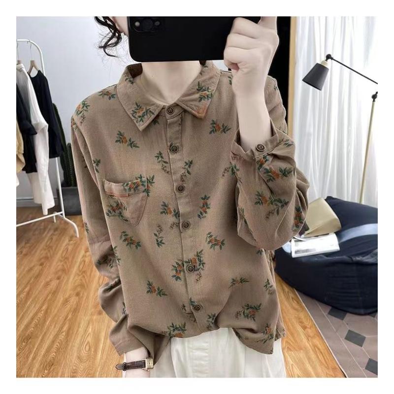 Damska koszula z vintage kwiatowym wzorem, casualowa, z długim rękawem, zapinana na guziki, bawełniano-lniana