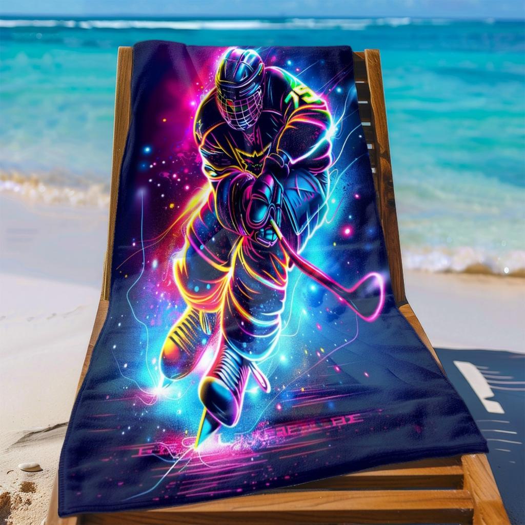 Hockey Neon Art Beach Towel, Vibrant Sports Player Design Quick-Dry Sand-Free Microfiber Bath Towel for Party and Camping