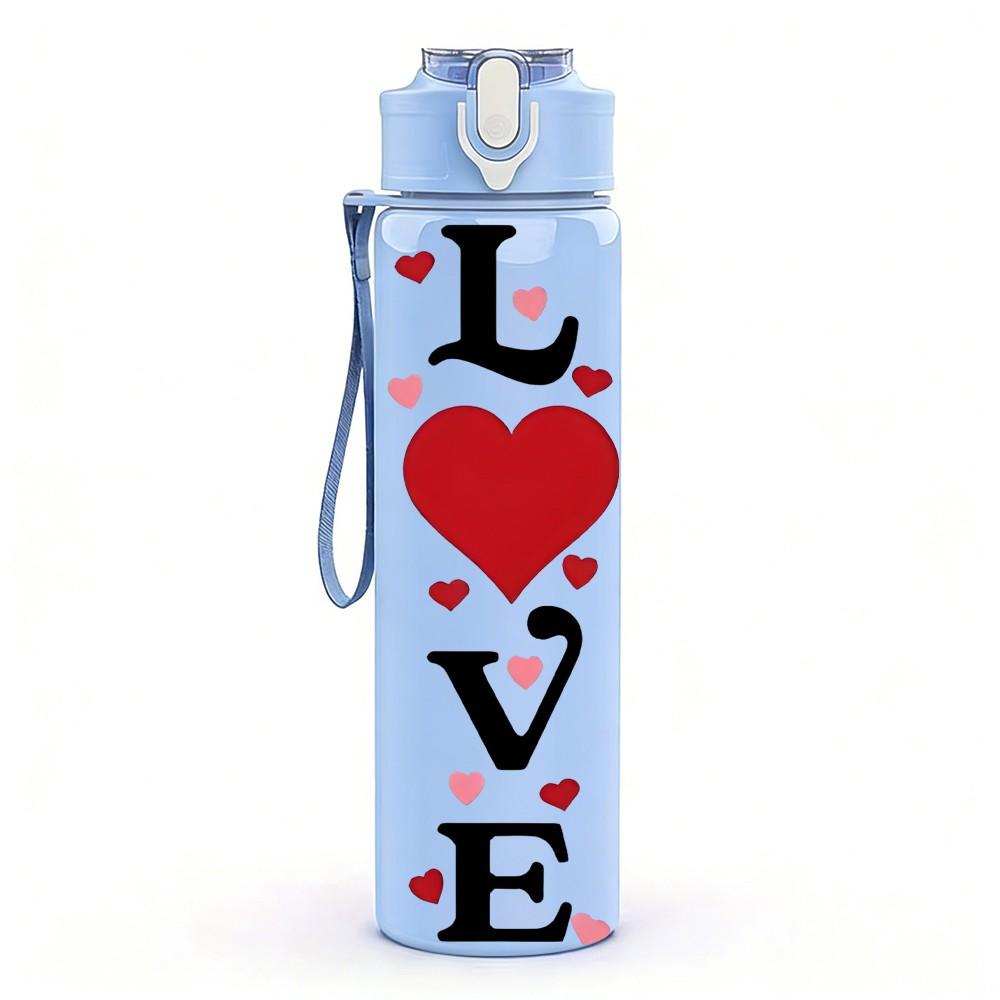 1PC Vertical Love Word Red Heart Lettering Print 750ml Color Plastic Sports Water Bottle Leakproof Flip Straw Lid Suitable for Sports Office Home Use