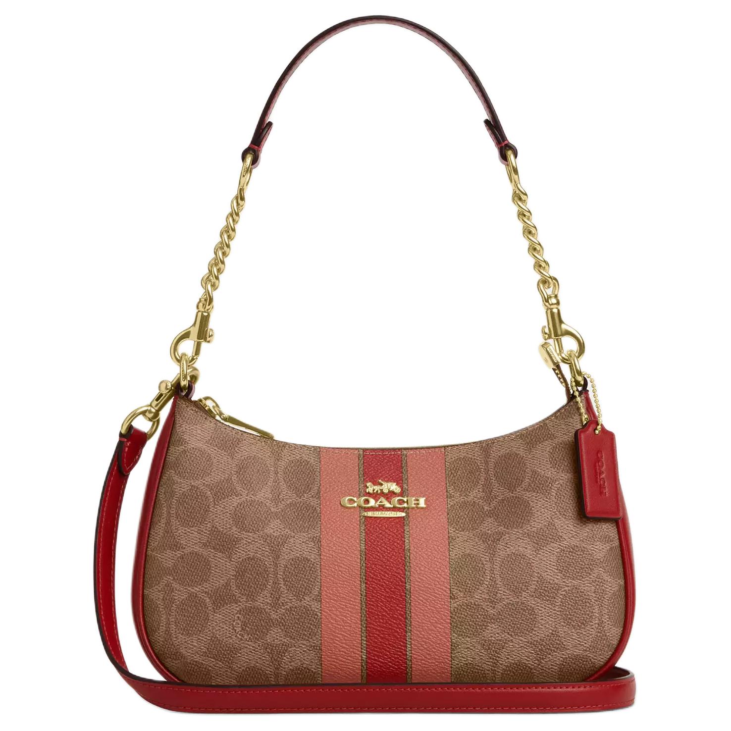 

Coach Teri 24 Brand Logo Iconic Stripe Coated Canvas Tote Shoulder Bag Medium Women tote bags Brown Red CAL81-IMTAM Basic Set (Bag+Dust Bag)
