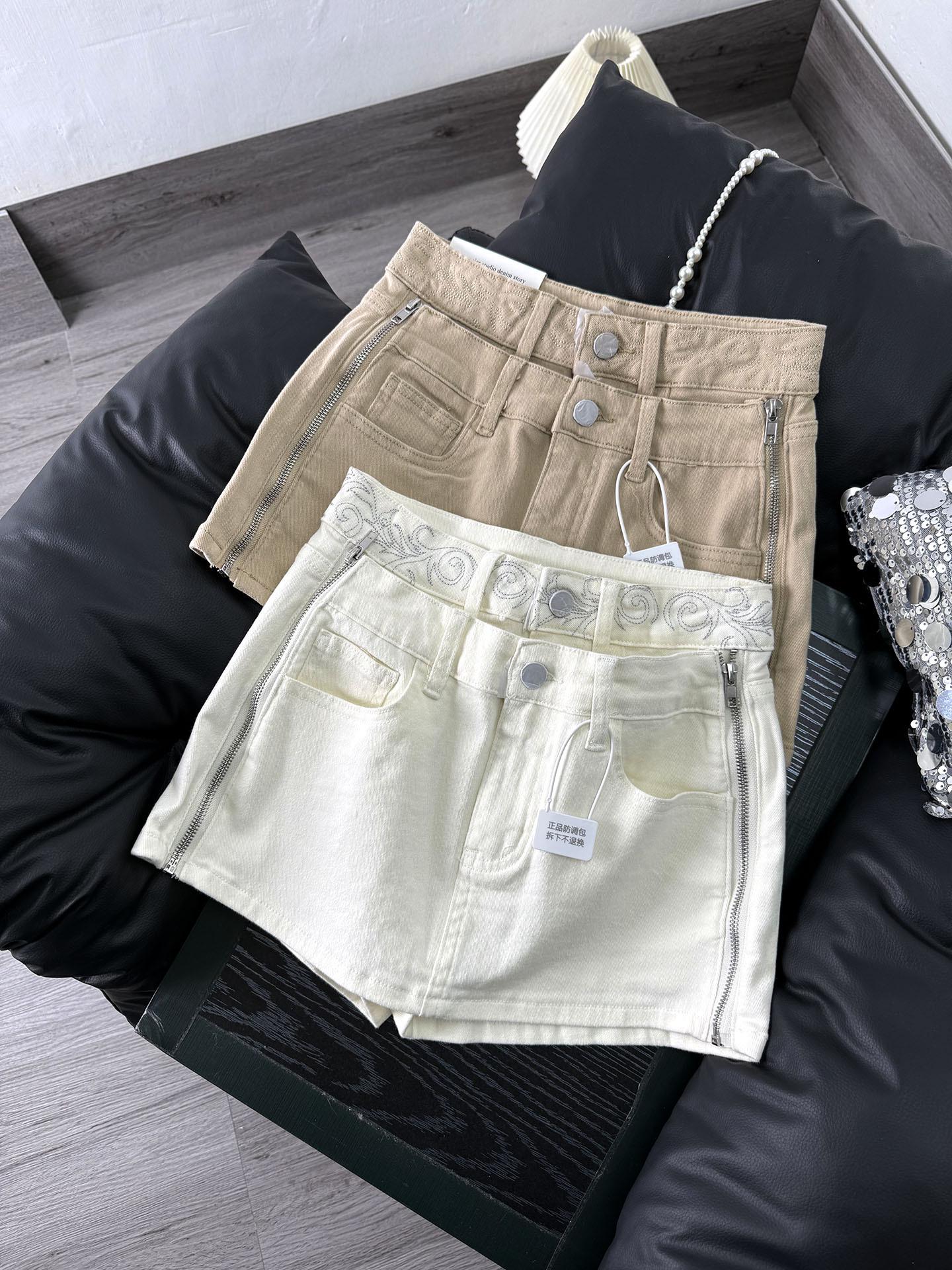 Korean High-End Embroidered Double Zipper High-Waist Denim Mini Skirt Women s 2026 Spring Stretch Slim A-Line Skirt XL хаки