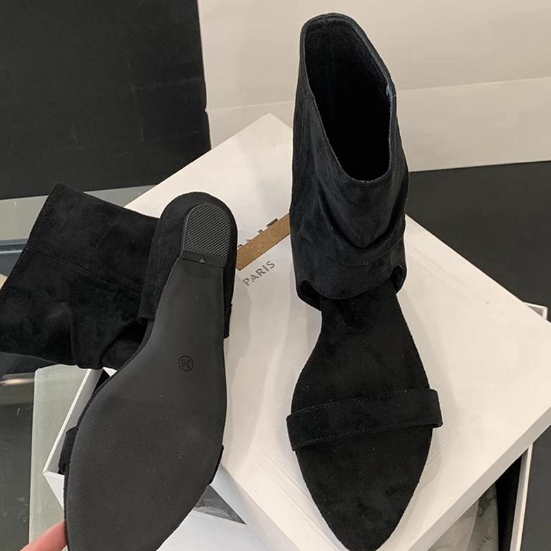 Fashion SUOJIALUN New Brand Women Ankle Boots Shoes Fashion Pointed Toe Open Toe Slip On Ladies Elegant Short Boot Flat Heel Sandal Boot