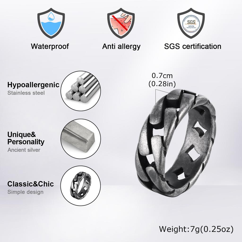 7MM Chain Ring for Men Boy,Stainless Steel Miami Curb Link Ring,Stylish Hip Hop Jewelry Gifts