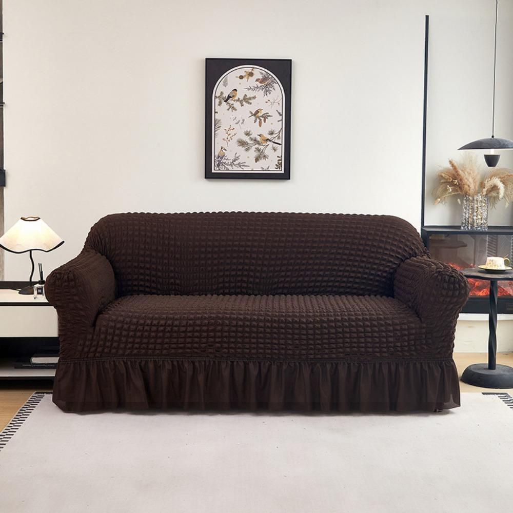 Premium Thick Bubble Gauze Sofa Cover Full Elastic Lace Trim Skirt Design All Season Stretchable