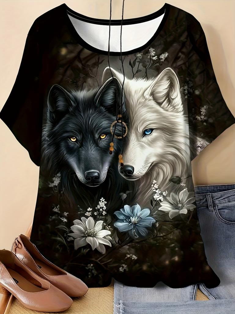 Neues Damen T-Shirt 3D Wolf Druck Rundhals Kurzarm Mode Grafik T-Shirts Lustige Streetwear Tops Y2k Lockeres T-Shirt Damen Kleidung