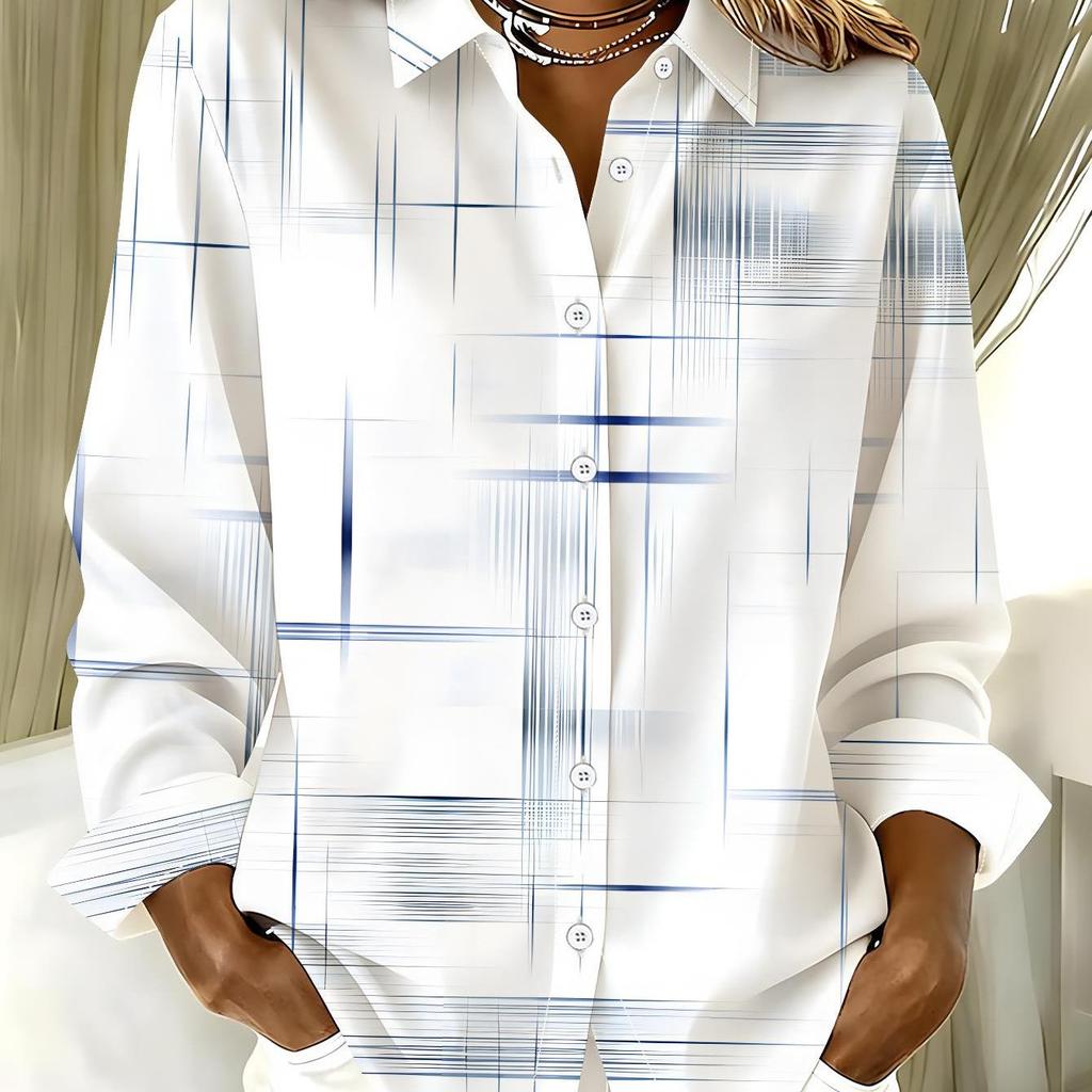 Mid-length women's long-sleeved shirt, designed with fashionable abstract lines and simple aesthetics in blue and white