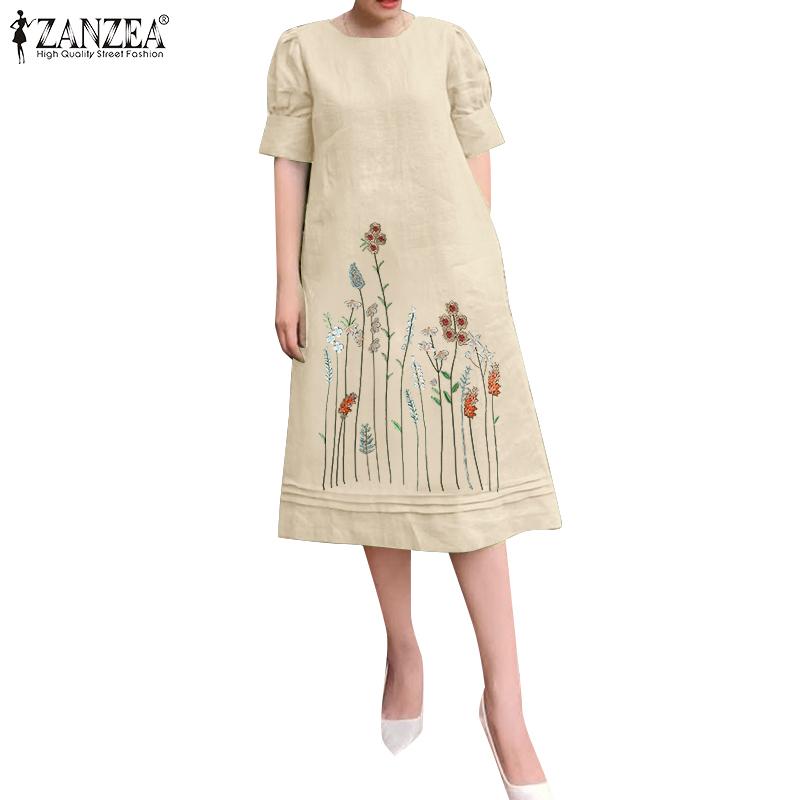 ZANZEA Rochie casual cu mânecă scurtă cu decolteu O cu broderie pentru femei