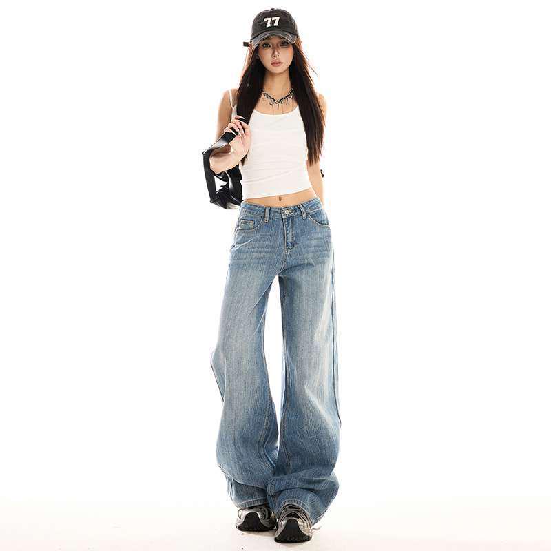 

Light Blue Bamboo Pattern Wide Leg Jeans for Women - Loose, Cropped, Plus Size Extra Small