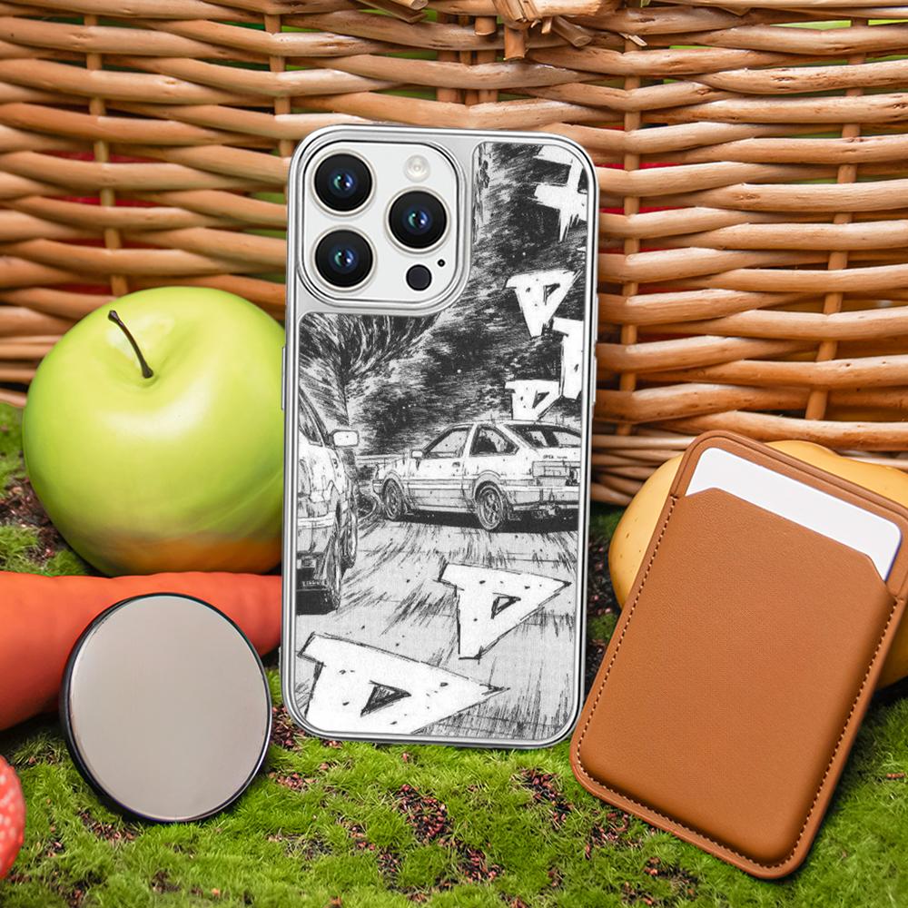 Racing Initial D Anime Sports Car Phone Case for iPhone 16 15 14 13 12 11 Pro Max Sheepskin Silver-edged Protective Case