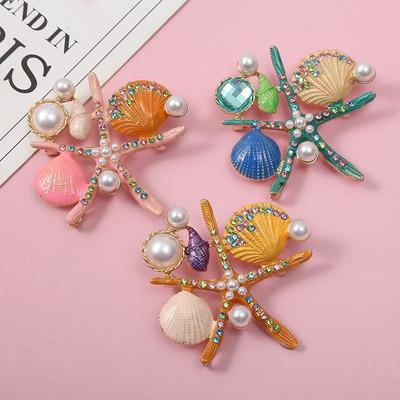 Korean Marine Life Brooch: Starfish & Shell Pin with Metal, Diamond, & Pearl Accents