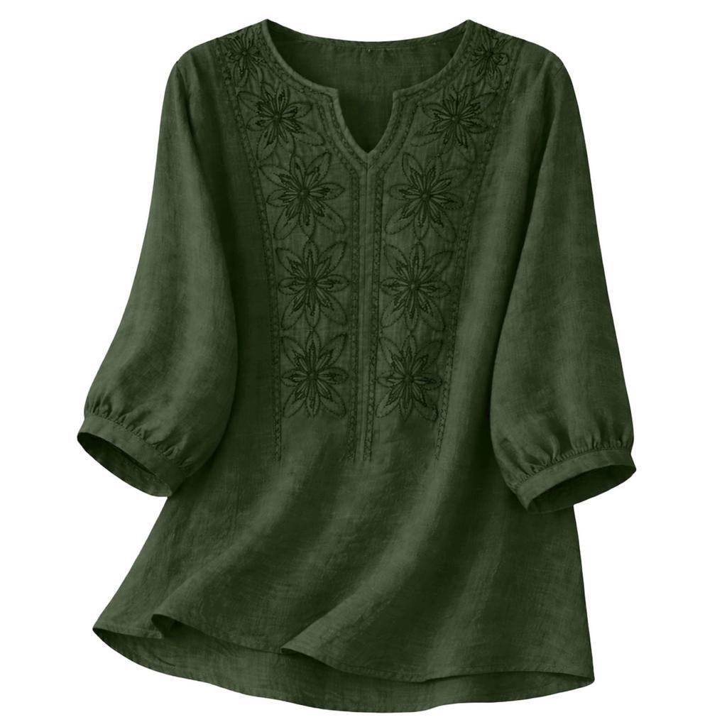 Blusa de Algodón y Lino para Mujer Bordada Floral Cuello en V Manga 3/4 Tops Casuales de Corte Holgado Camisas Tunica para Oficina Vacaciones Streetwear