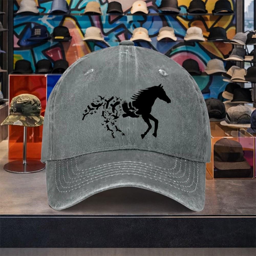 Flying Bird Horse Graphic Washed Cotton Baseball Cap Adjustable Vintage Casual Unisex Outdoor Hat