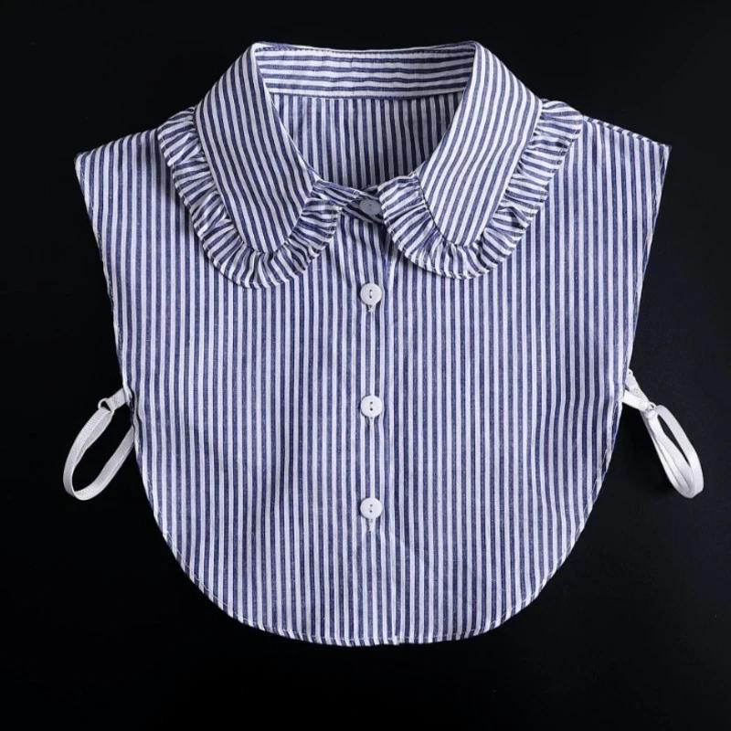 

Синий полосатый плиссированный съемный воротник с кружевом в виде листьев лотоса, манишка для рубашки, полублузка с ложным воротником для леди, девушек