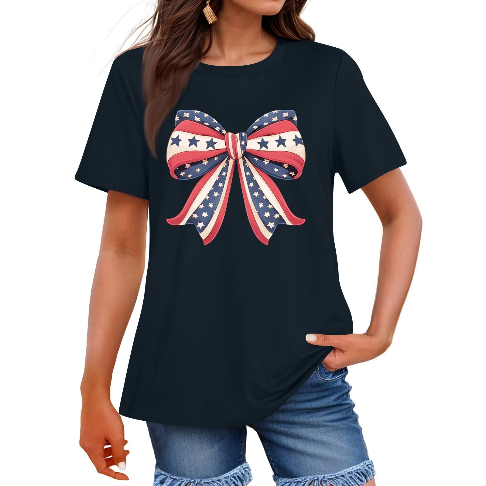 

Женская мода День независимости принт круглый вырез короткий рукав повседневная футболка топ M тёмно-синий