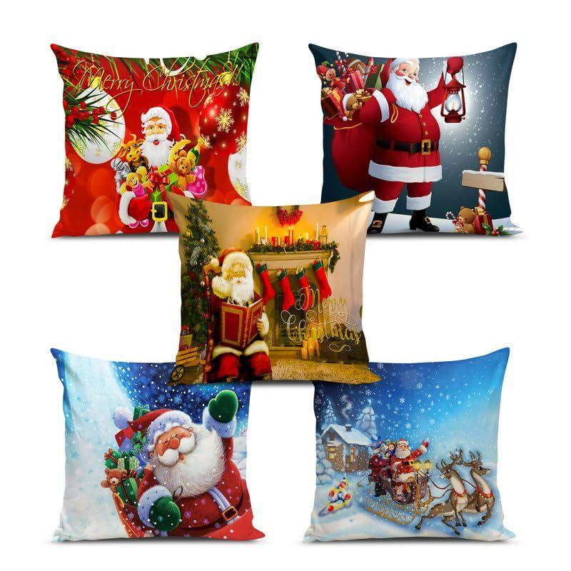 Soft Fabric Designer Decorative Printed Merry Christmas Theme Cushion Cover Xmas Decorations for Sofa Living Room Set of 5 16 X 16 Inch Multi