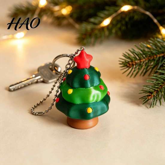 Christmas Tree Pendant Fidget Clicker Keychain, 3D Printed Shaped Stress Relief Desktop Ornament Toy, Holiday Sensory Figure Key Ring Accessory
