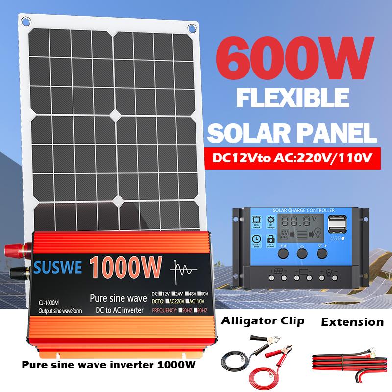Solar System Kit 1000W 12V to AC 220V/110V Inverter+600W Solar Panel+100A Controller Suitable for Charging RVs Cars Laptops 4