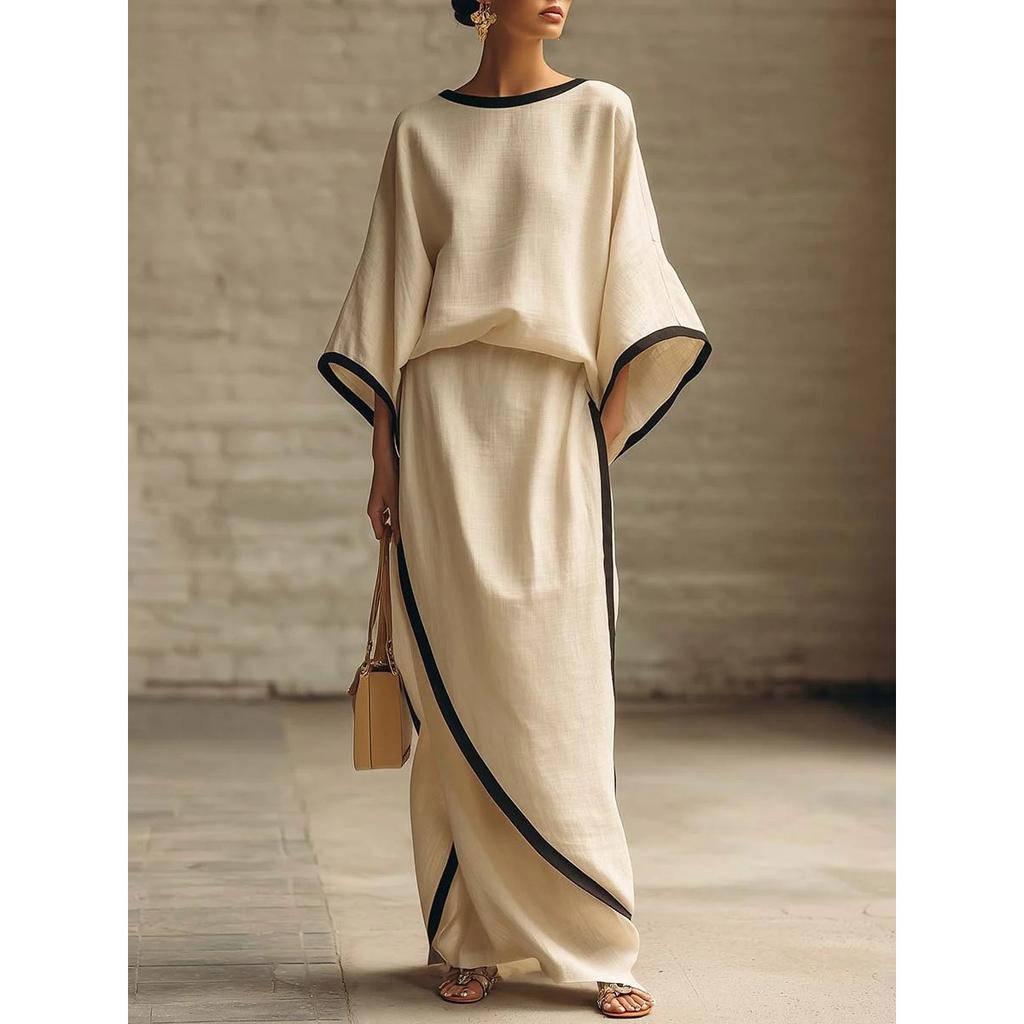 Women's Loose Fit Two Piece Outfit Three Quarter Sleeve Batwing Top and High Waist Maxi Skirt Set