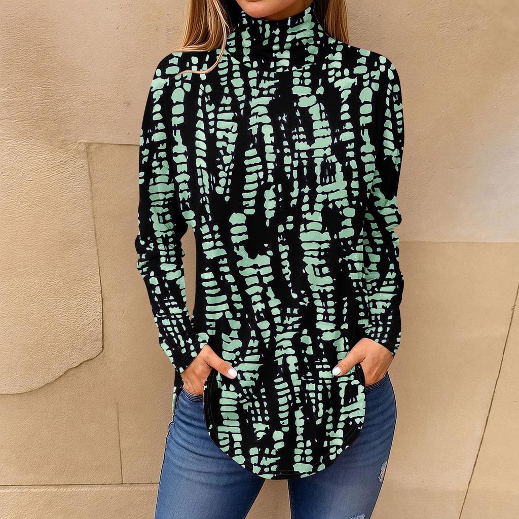 Tee Shirts For Women Fall Casual Long Sleeve Shirts Sweatshirt Vintage Printed High Neck Top Pullover