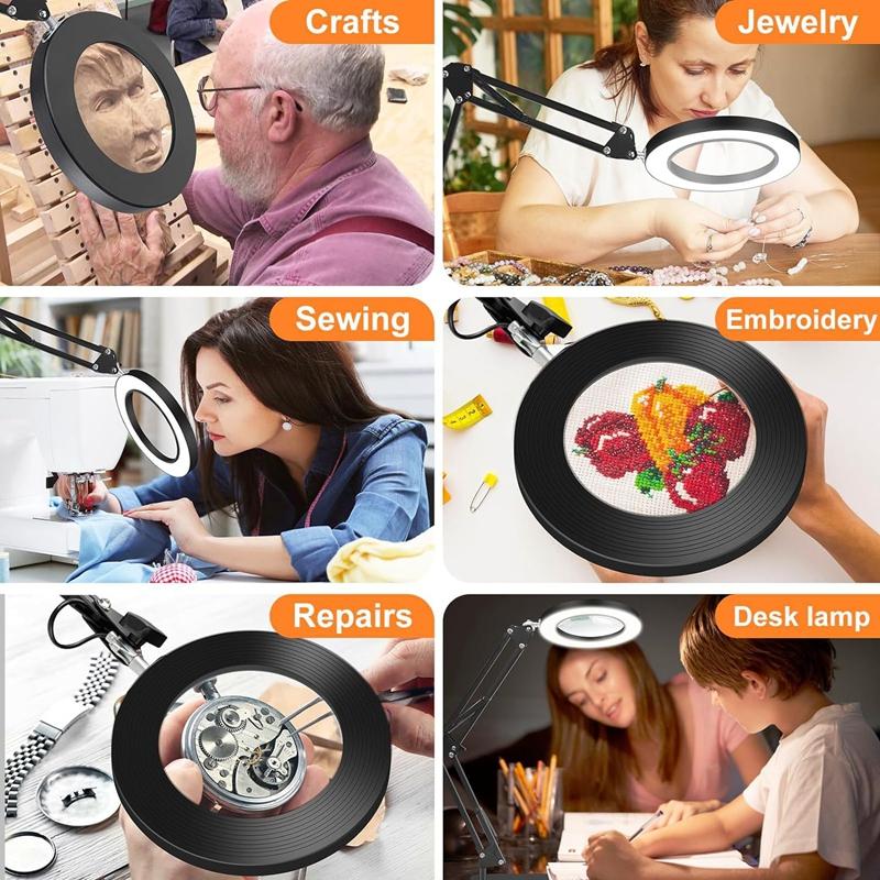Magnifying Glass with Light and Stand 5X Magnifying Lamp LED Lighted Desk Magnifier for Close Work Reading Repair Crafts