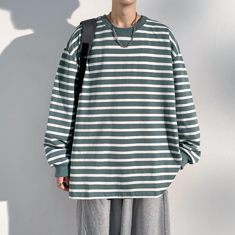 Men's Spring and Autumn Outdoor Trendy Stripe Couple Hong Kong Style Long Sleeve Round Neck T-shirt Pure Cotton Hoodie