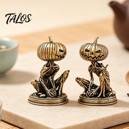 Brass Pumpkin Monsters Ornaments Solid Figurine, Distressed Statue, Vintage Skeleton Mini Figurines Sculpture for Halloween Home Office Table Holiday