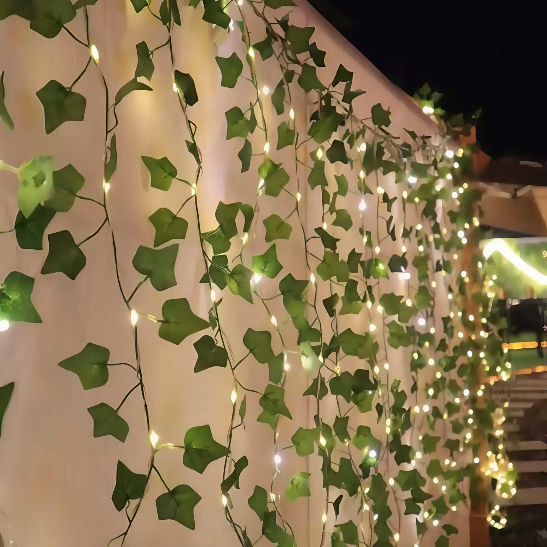 

Солнечная светодиодная гирлянда из зеленых листьев - Декор для подвешивания на стену во дворе, Медная проволока, Вечнозеленый плющ, Атмосферный свет 2m 20 Lights 2 AA Steady теплый белый