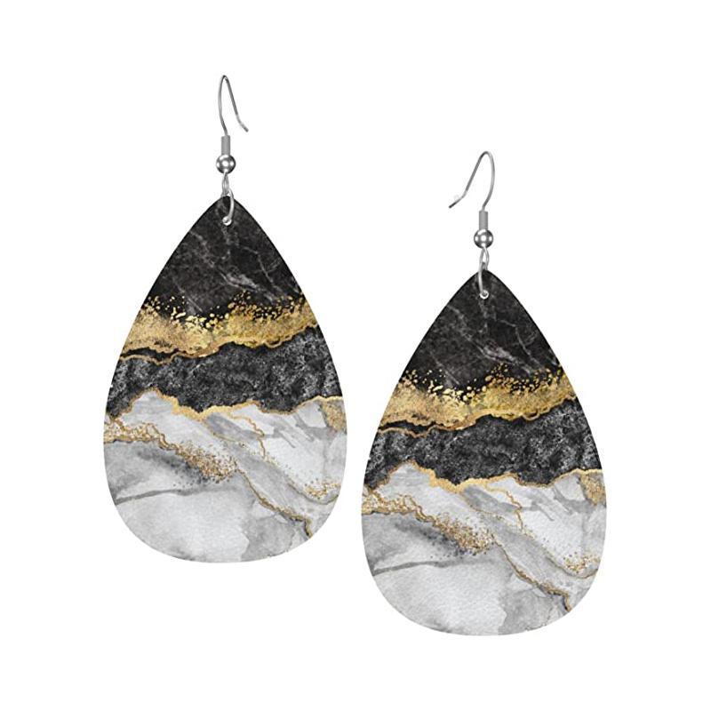 Creative Marble Pattern PU Leather Earrings for Women Abstract Beach Ocean Pattern Tears Earrings Double-sided Pattern Design Lightweight Earrings