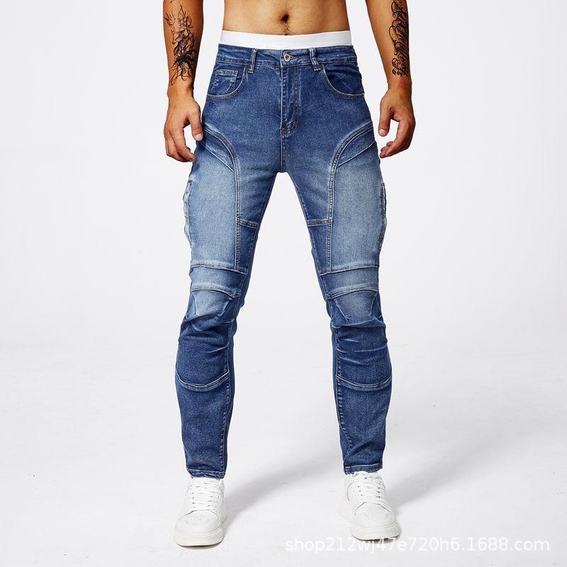 

Motorcycle-style jeans for men, European street fashion, stretch slim-fit skinny jeans, men s straight-leg jeans 2XL-36 темно-синього кольору