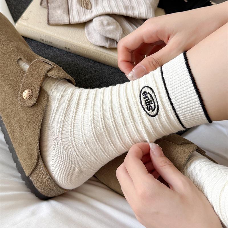 Striped Embroidered Letter Boneless Textured Cotton Mid-calf Socks for Casual Sports Women