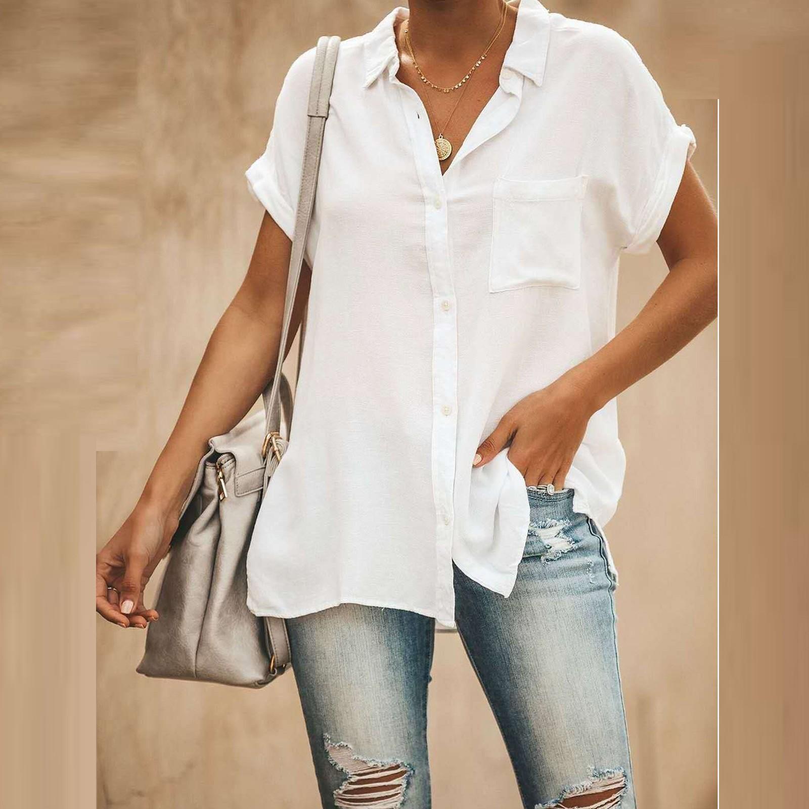 

Women s Fashion V-neck Cotton Linen Short Sleeve Hundred Color With Pockets Loose Shirt Top XXXXL білий