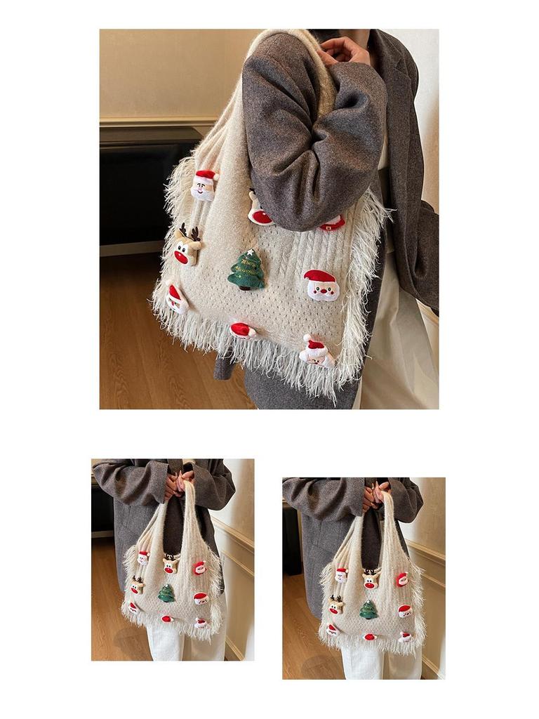 Korean Style Cute Cartoon Winter Yarn Shoulder Bag with Tassels - Versatile Large Capacity Tote