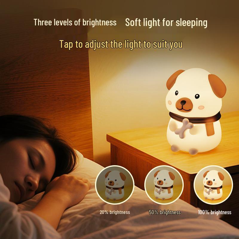 Adorable Rechargeable Silicone Puppy Night Light - Tap-Activated LED Bedside Lamp with Feeding Mode