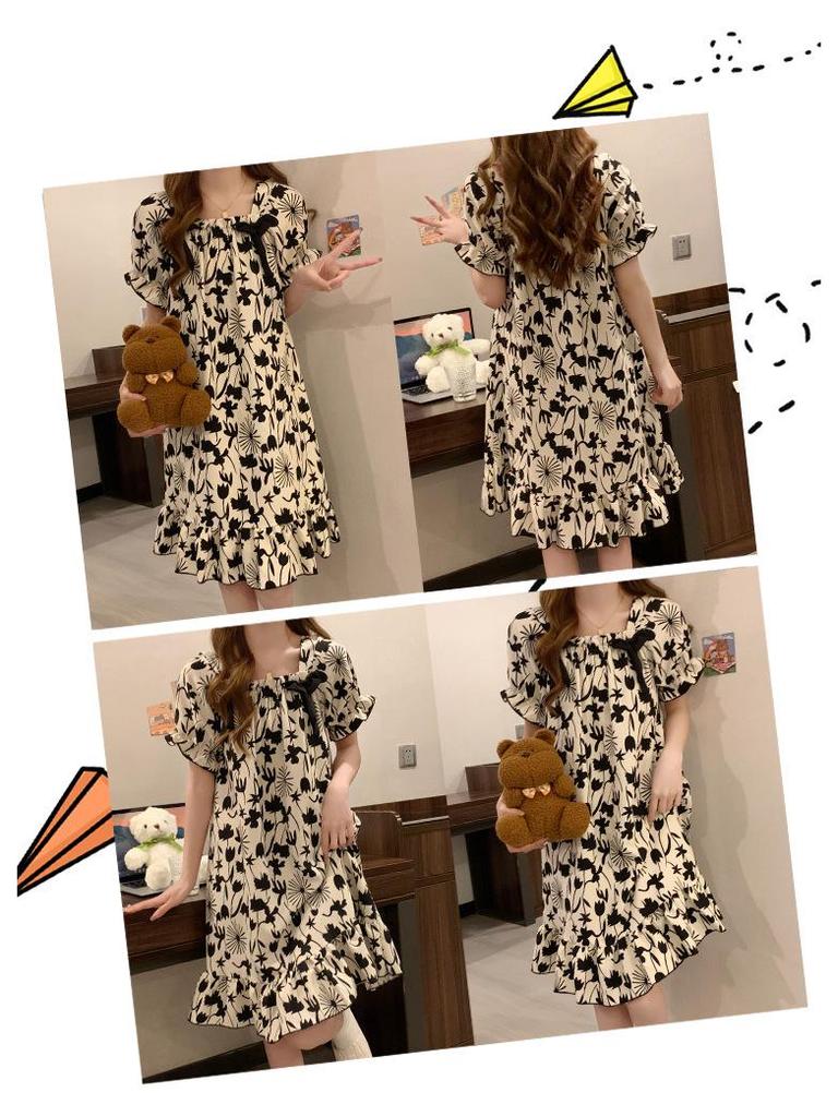 Summer Bubble Cotton Nightdress for Women with Chest Pads - Sweet, Cute, and Versatile Short-Sleeve Pajamas