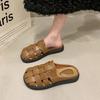 Leather bag head half slippers women's summer wear 2025 new retro woven hollow thick sole one pedal lazy shoes