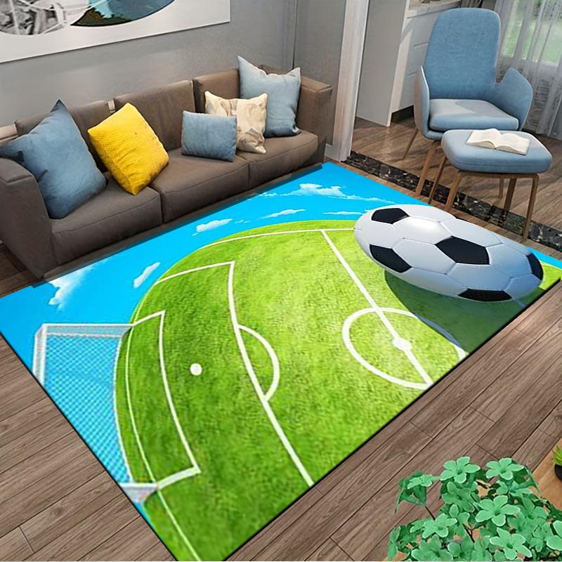 Soccer Field Theme Carpet with Ball Design, Green and Blue Art Suitable for use as an anti-slip for living room bedroom sofas