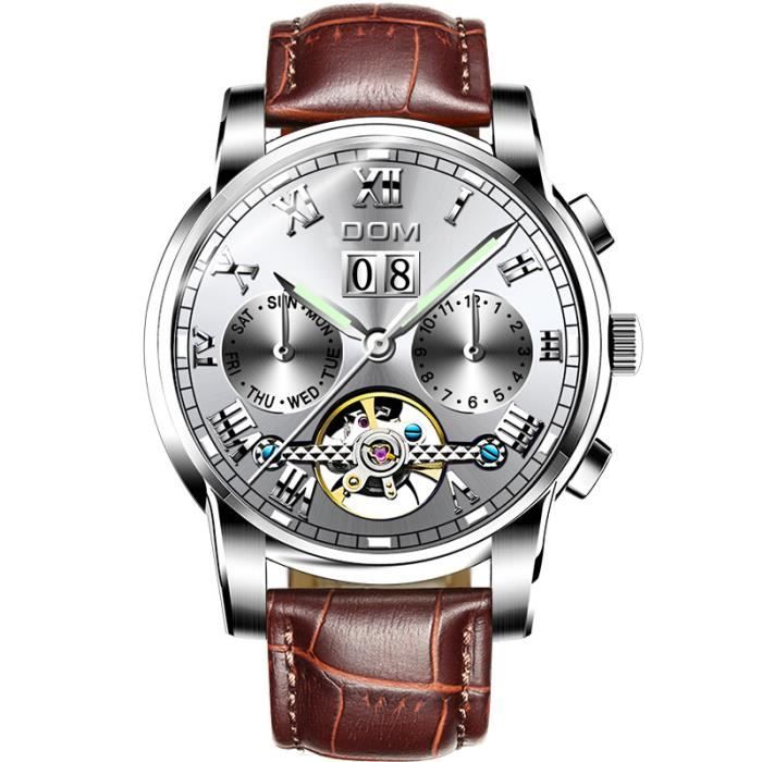 Montre homme mécanique automatique tourbillon calendrier étanche lumineux cuir classique cadeaux de Noël