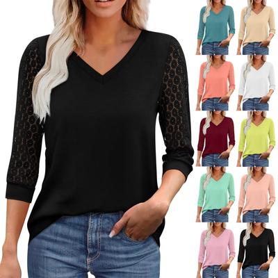 Damen Oberteil 3/4 Ärmel V-Ausschnitt Einfarbig Spitze Patchwork Lässige Blusen
