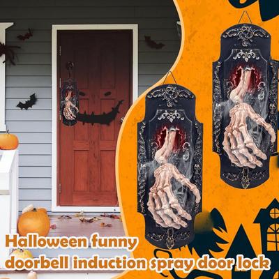 Halloween Hanging Doorbell, Touch/Motion Activated Skeleton Hand Door Bell with Red Light & Scary Sound Haunted House Decoration