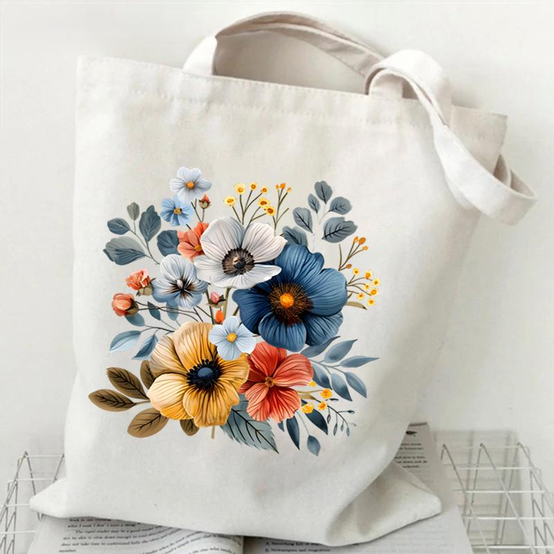 Elegant Wildflowers Aesthetic Canvas Handbag Reusable Floral Shopping Tote Bag for Women