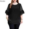 ZANZEA Women Casual Round Neck Solid Color See-Through 3/4 Sleeve Loose Cover Up Blouse