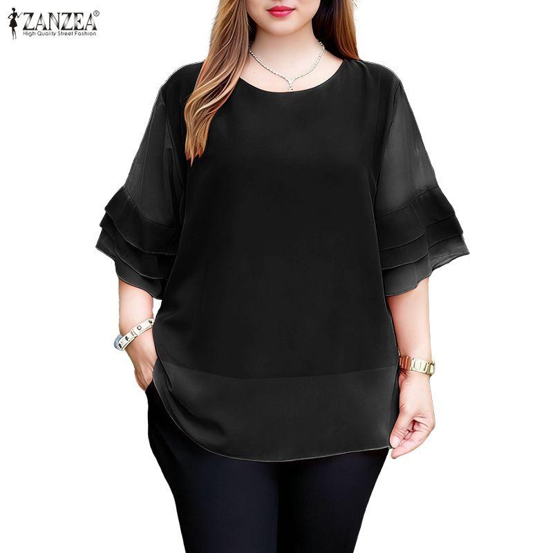 ZANZEA Women Casual Round Neck Solid Color See-Through 3/4 Sleeve Loose Cover Up Blouse