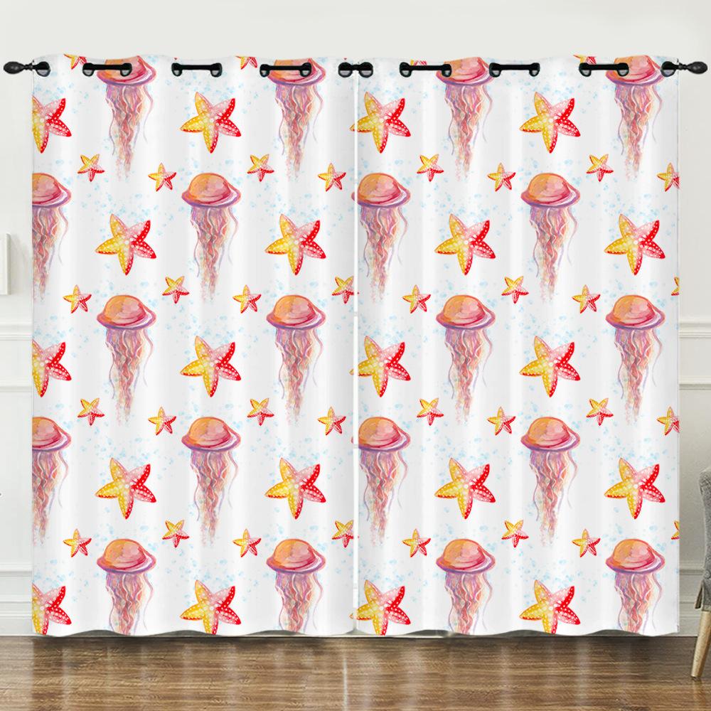 Curtain Cartoon Marine Life Jellyfish 3D Digital Printing Blackout Curtain Perforated Bay Window